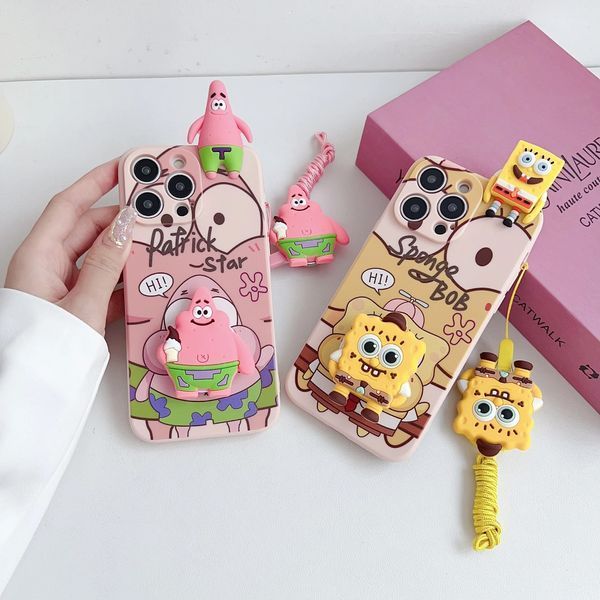 Силиконовый 3D чехол Funny Sponge Bob для iPhone 15 Pro Max / на цветном фоне (со шнурком) 099437 фото