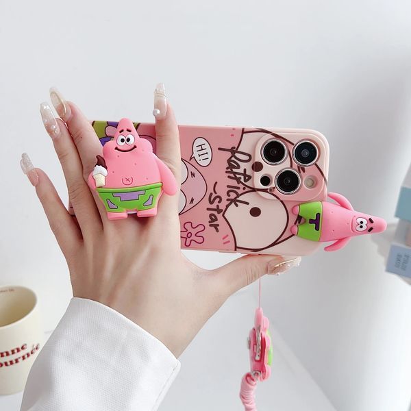 Силиконовый 3D чехол Funny Sponge Bob для iPhone 15 Pro Max / на пудровом фоне (со шнурком) 099440 фото