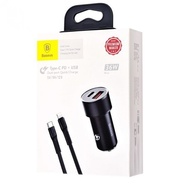 Автомобільна зарядка Baseus Small Screw PD Quick Charger + Cable (Lightning) 36W 1Type-C 1USB чорний 16439 фото