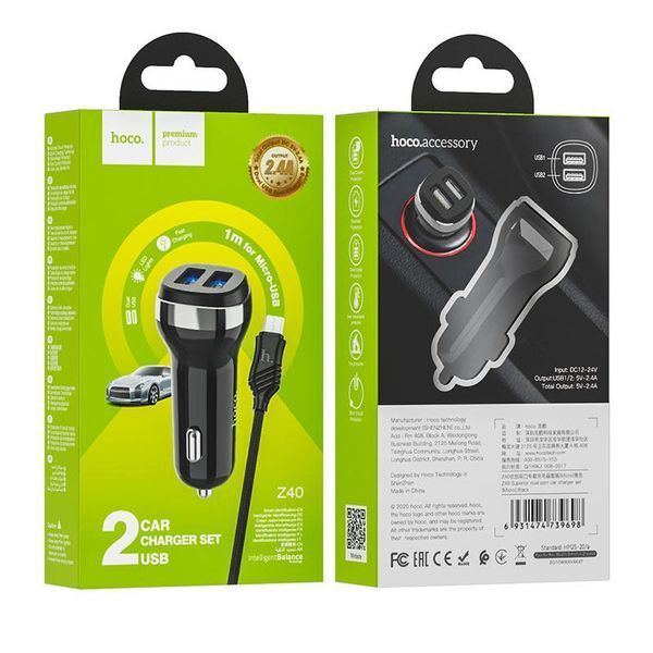 Автомобільна зарядка HOCO Z40 Superior на 2 USB (2.4 A) + micro USB (2 кольори) 87046 фото