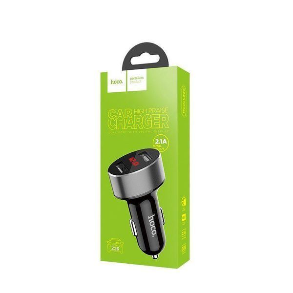 Автомобільна зарядка Hoco Z26 Charger Digital Display A 2.1 2USB (чорний білий) 16441 фото
