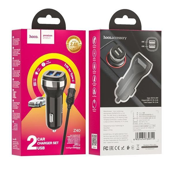 Автомобільна зарядка HOCO Z40 Superior на 2 USB (2.4 A) + Type-C (2 кольори) 87047 фото