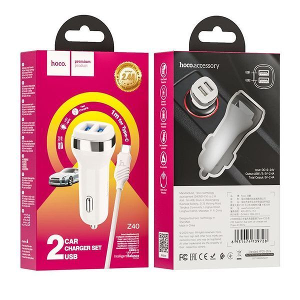 Автомобільна зарядка HOCO Z40 Superior на 2 USB (2.4 A) + Type-C (2 кольори) 87047 фото