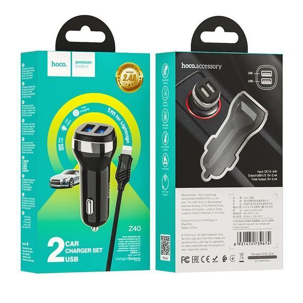 Автомобільна зарядка HOCO Z40 Superior на 2 USB (2.4 A) + Lightning (2 кольори) 87048 фото