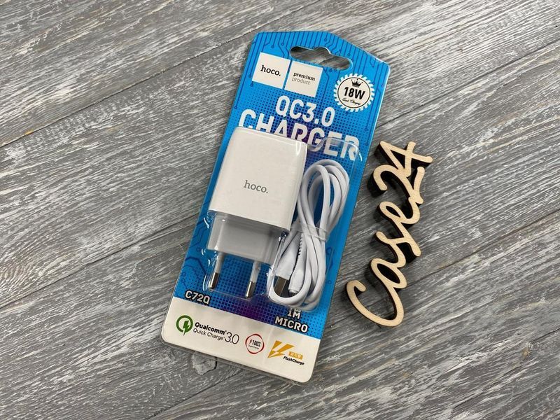 СЗУ Hoco C72Q с кабелем micro-USB (QC3.0, 1USB, 18w) 1м (2 цвета) 82412 фото