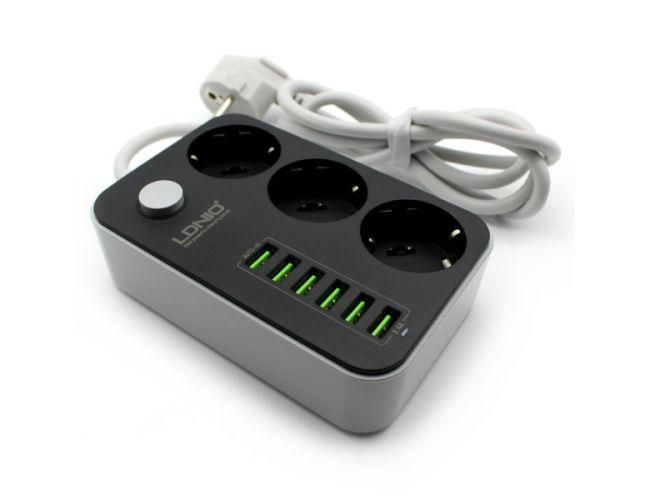 Мережевий фільтр-індикатор LDNIO SE3631 3x220V і 6xUSB. 1.8м 81270 фото