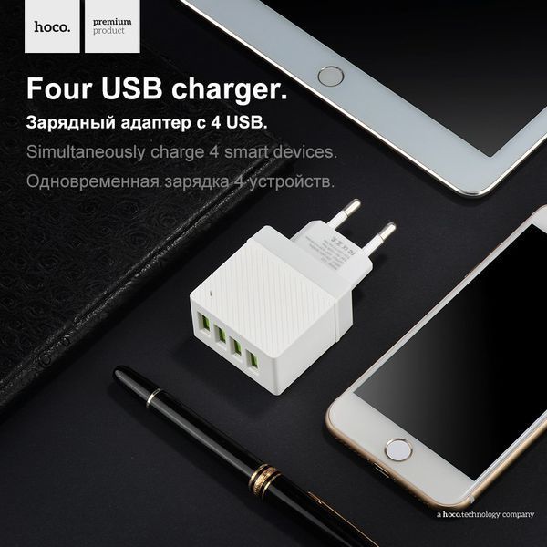 Мережеве ЗУ HOCO C23B Haoke на 4 USB (3.4 A) білий 51140 фото