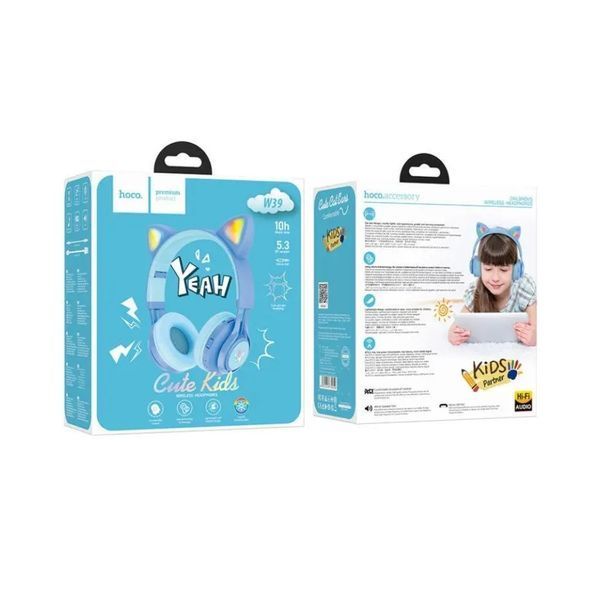 Бездротові навушники Hoco W39 Cat ear kids з LED-підсвіткою блакитний 87681 фото