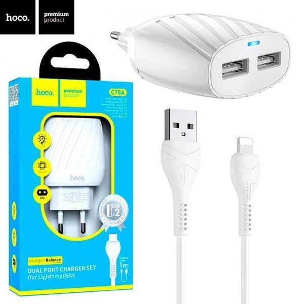 СЗУ Hoco C78A 2USB 2.4A + Lightning белый 85766 фото