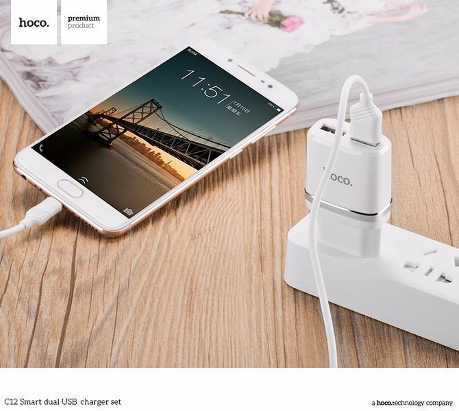 Сетевое ЗУ HOCO C12 Smart на 2USB (2.4A) + Lightning cable 51143 фото