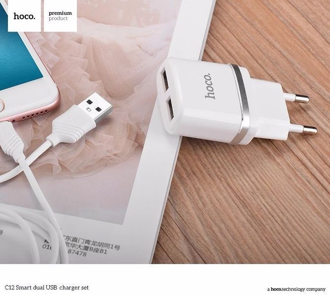 Сетевое ЗУ HOCO C12 Smart на 2USB (2.4A) + Lightning cable 51143 фото