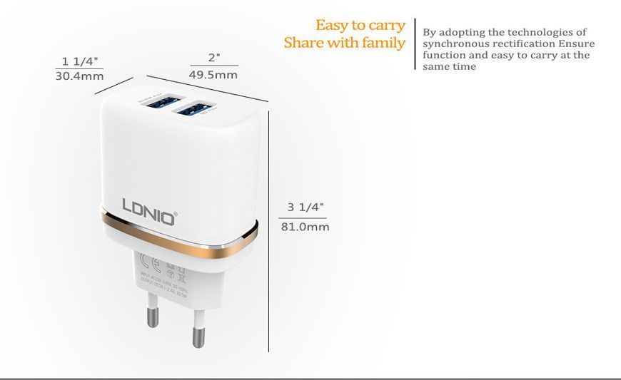 Мережеве ЗП LDNIO DL-AC52 на 2USB для iPhone 5/6 (2,4A) 51173 фото