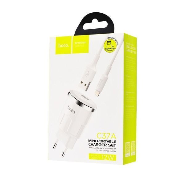 СЗУ Hoco C37A Charger + Cable (Lightning) 2.4A 1USB 16928 фото