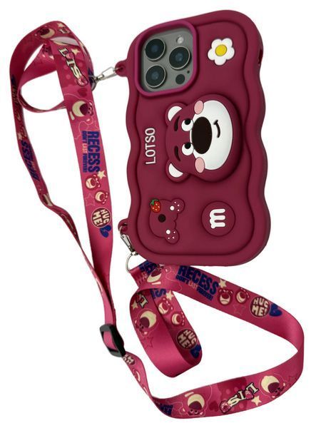 Силіконовий 3D чохол Bear lotso для iPhone 14 Pro Max / бургунді (з ремінцем) 099302 фото