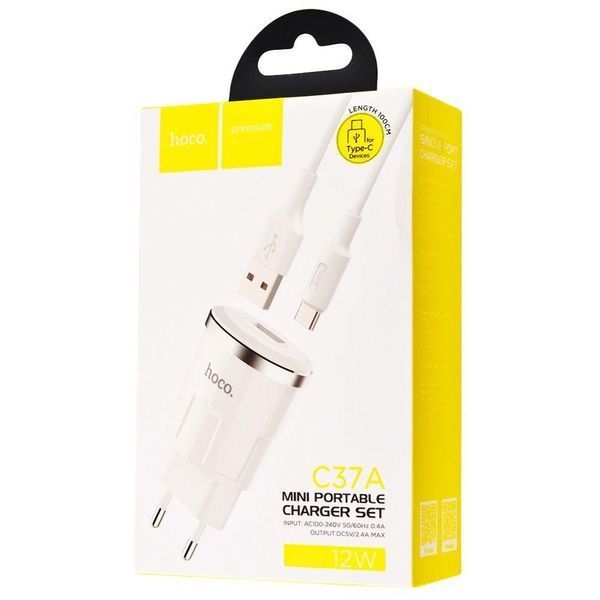 СЗУ Hoco C37A Charger + Cable (Type-C) 2.4A 1USB 16930 фото