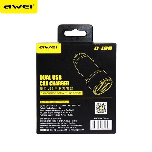 Автомобильная зарядка Awei C-100 на 2 USB (2.4A) (4 цвета) 51135 фото