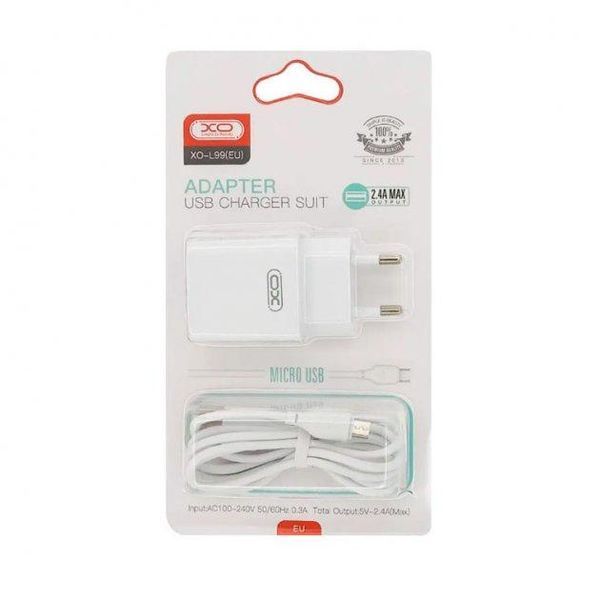 СЗП XO L99 + кабель MicroUSB (1 USB 2.4 A) білий 87162 фото