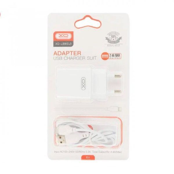СЗП XO L99 + кабель Lightning (1 USB 2.4 A) білий 87165 фото