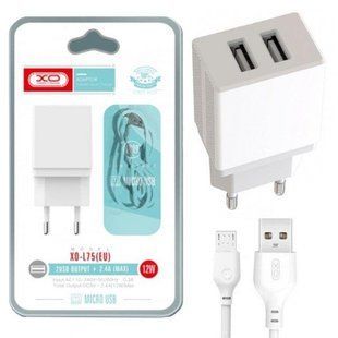 СЗП XO L75 + кабель MicroUSB (2 USB 2.4 A) білий 87167 фото