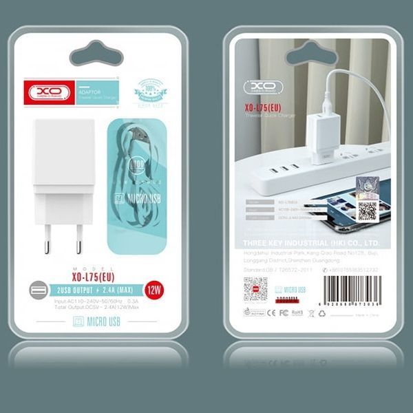 СЗП XO L75 + кабель MicroUSB (2 USB 2.4 A) білий 87167 фото
