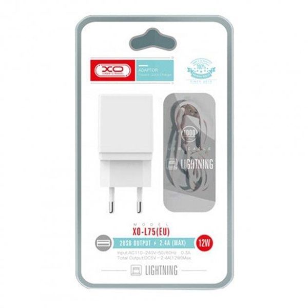 СЗП XO L75 + кабель Lightning (2 USB 2.4 A) білий 87168 фото