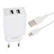СЗП XO L75 + кабель Lightning (2 USB 2.4 A) білий 87168 фото 2