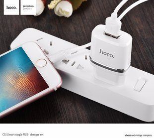 Мережеве ЗУ HOCO C11 Smart на 1 USB (1 A) білий + Lightning cable 51145 фото