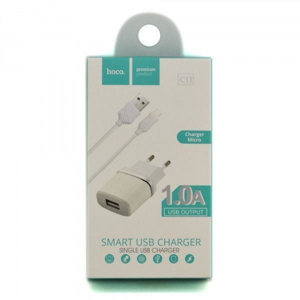 Мережеве ЗП HOCO C11 Smart на 1 USB (1 A) білий + Micro USB cable 51146 фото