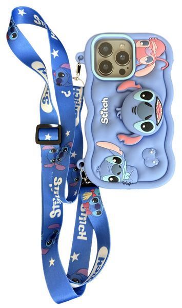 Силиконовый 3D чехол Stitch для iPhone 15 Pro Max / голубой (с ремешком) 098944 фото