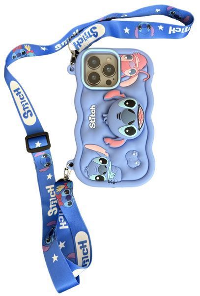 Силиконовый 3D чехол Stitch для iPhone 15 Pro Max / голубой (с ремешком) 098944 фото