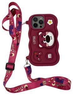 Силиконовый 3D чехол Bear lotso для iPhone 15 Pro Max / бургунди (с ремешком) 098945 фото