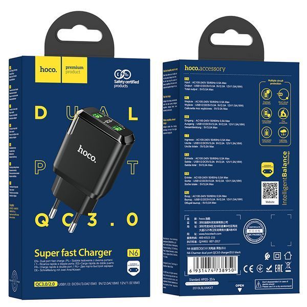 СЗУ Hoco N6 Home Charger Charmer dual port QC3.0 charge чорний 90349 фото