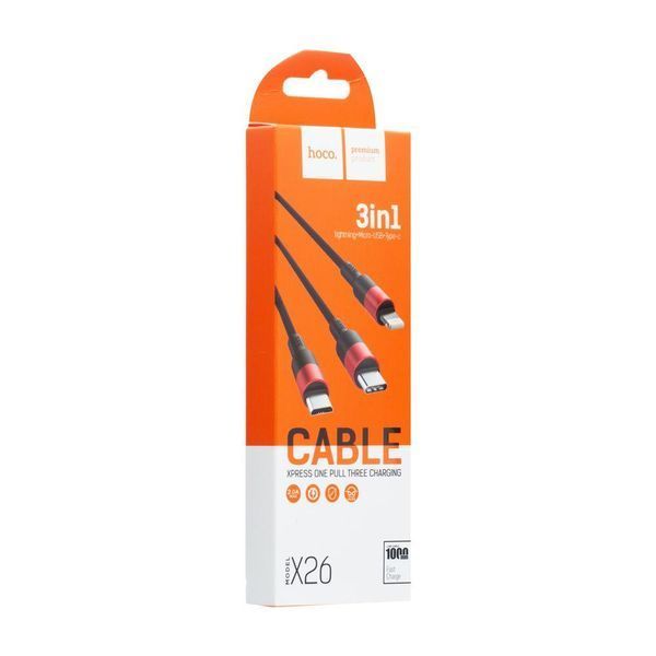 Универсальный кабель Hoco X26 Xpress Charging 3in1 на Micro-usb, Lightning, Type-C (1,2m) 82264 фото
