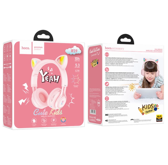 Бездротові навушники Hoco W39 Cat ear kids з LED-підсвіткою рожевий 87679 фото