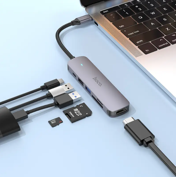 HUB адаптер переходник 6-в-1 HOCO HB28 Type-C to HDMI+PD+USB3.0+USB2.0+SD+TF 86942 фото